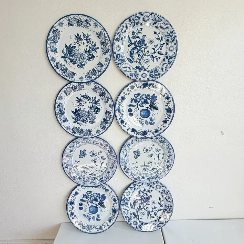 Set of 8 Vintage Restoration Hardware Blue & White Flo Tin Plates 10